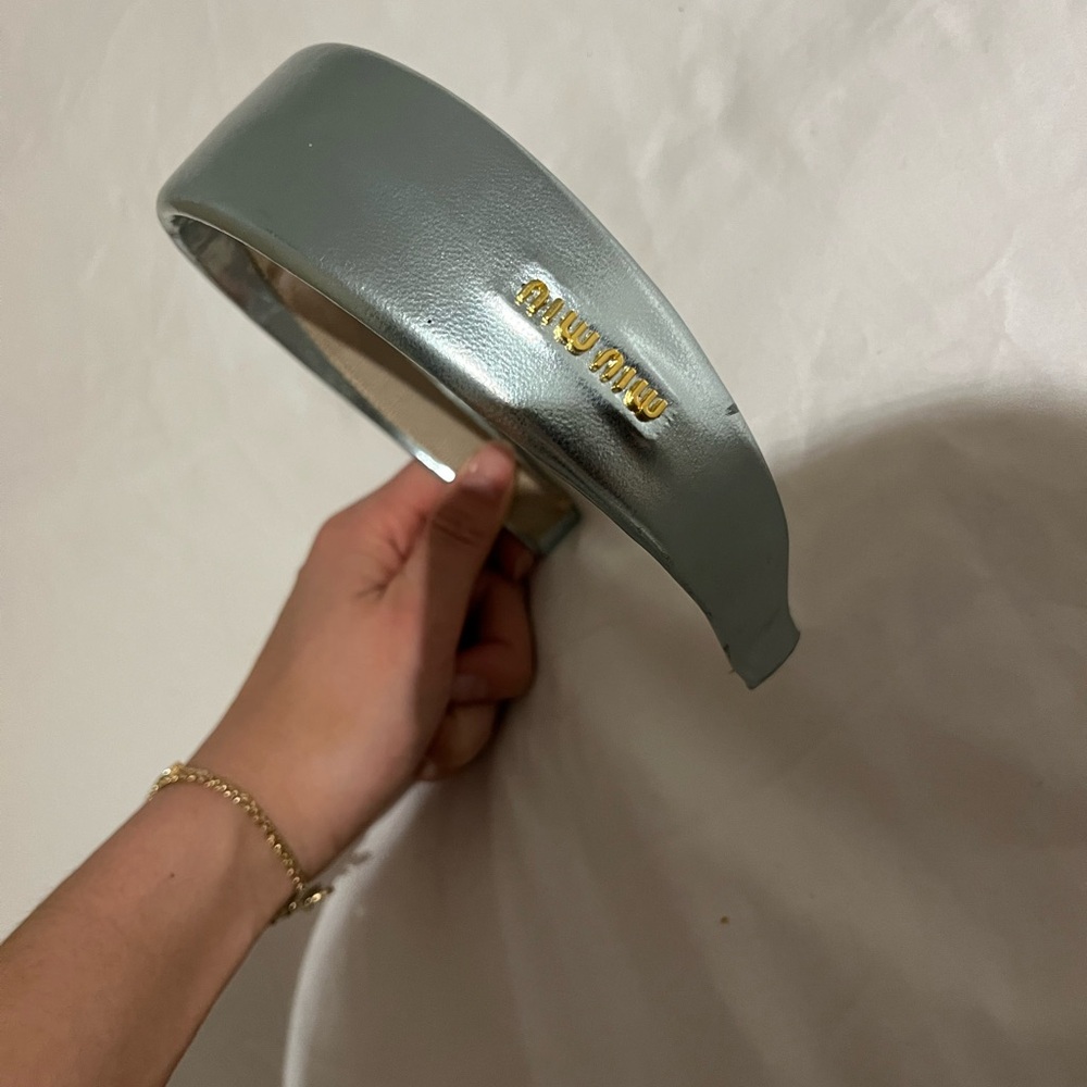 Miu Miu gold logo embossed silver blue headband